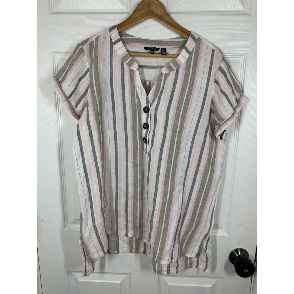 Ellen Tracy Top Womens L Multi Color Striped Linen Henley Short Sleeve Blouse